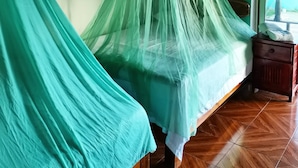 Una habitación con dos camas cubiertas con mosquiteros verdes, muebles de madera y suelo de baldosas.