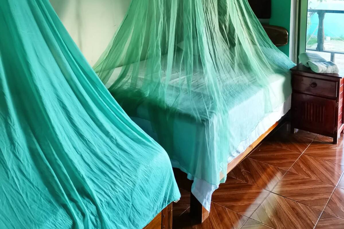 A room with two beds covered in green mosquito nets, wooden furniture, and a tiled floor.