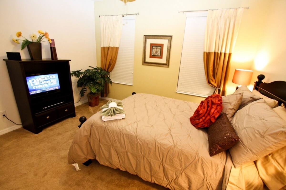 A bedroom with a bed, a TV, a plant, and a framed picture on the wall.