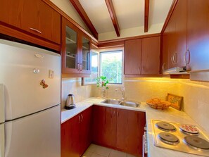 Fridge, oven, stovetop, coffee/tea maker