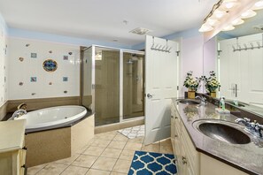 Shower, jetted tub, hair dryer