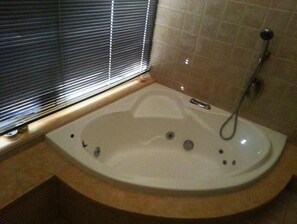 Bathroom features a bathtub with handheld showerhead and a window above.
