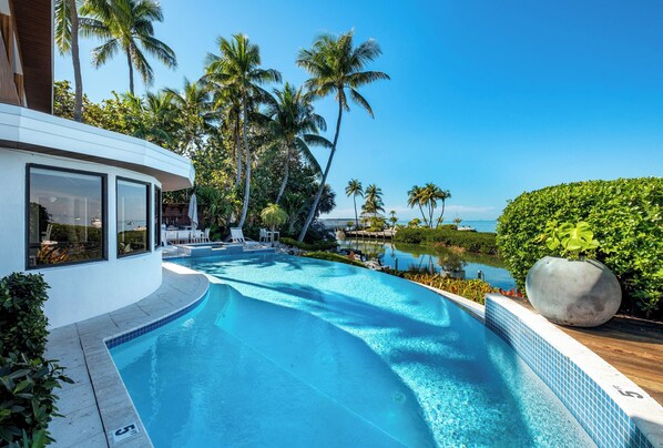 Outdoor pool, a heated pool - Iconic Ted Williams Estate. Bayfront, Heated Infinity Pool & Hot Tub, Dockage. (Islamorada)