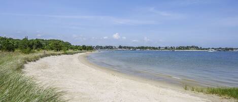 On the beach, sun-loungers, beach towels