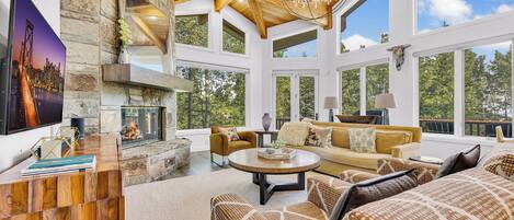 TV, fireplace, DVD player, music library