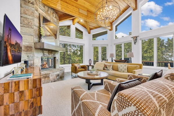 TV, fireplace, DVD player, music library