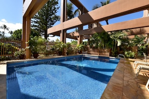Relax by the serene pool surrounded by lush greenery and palm trees, with lounge chairs and a stone deck.