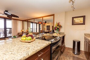 Fridge, microwave, oven, stovetop - KA 409 OceanFront 1BD Condo w Ocean Views Pool AC (Lahaina)