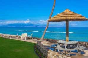 Relax in a serene beachfront setting with a shaded gazebo and beautiful ocean views.