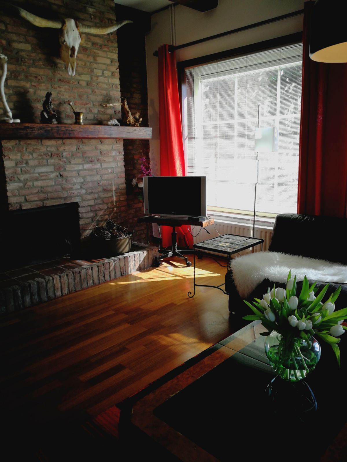 Una televisión, una chimenea