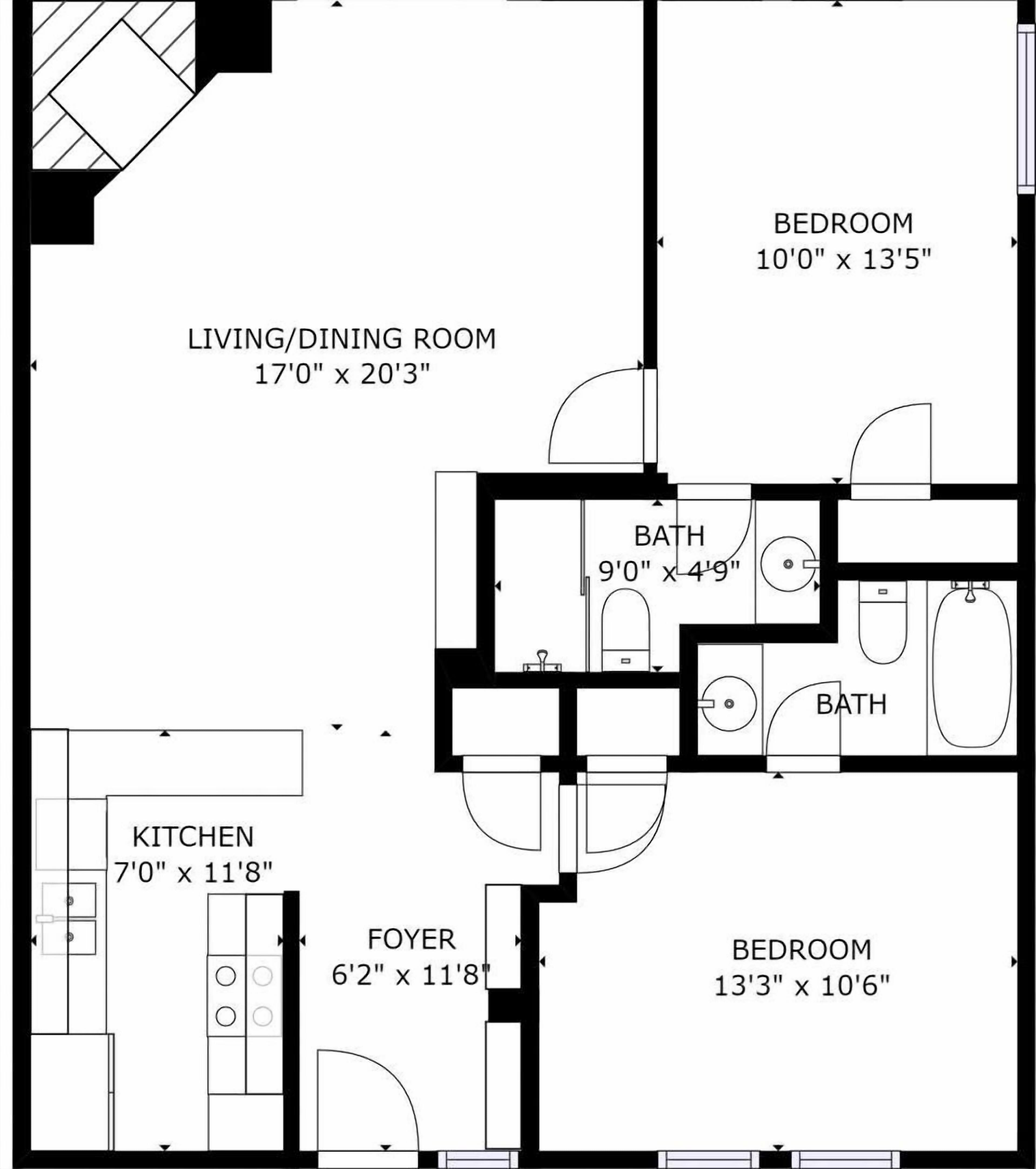 A floor plan of a house with a living/dining room, kitchen, two bedrooms, two bathrooms, and a foyer.