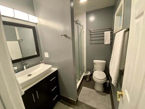 Regadera, secadora de cabello, toallas, papel de baño 