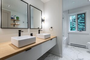 Combined shower/tub, hair dryer, towels