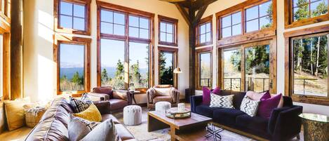 Televisión de pantalla plana, chimenea, libros y oficina