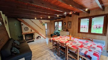 Télévision, cheminée, lecteur de DVD, livres