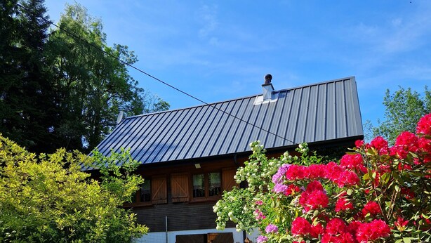 A house with a sloped metal roof, wooden exterior, and a garden with vibrant flowers. - Chalet de l'écureuil, petanque ground in the Vosges mountains near Gérardmer and Alsace (Anould)