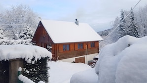A wooden cabin with a snow-covered roof and chimney, surrounded by snow-laden trees and a clear sky. - Chalet de l'écureuil, petanque ground in the Vosges mountains near Gérardmer and Alsace (Anould)