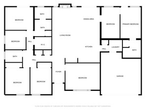 Plano de planta que muestra varias habitaciones, comedor, cocina, sala de estar, pasillo, recibidor y garaje.