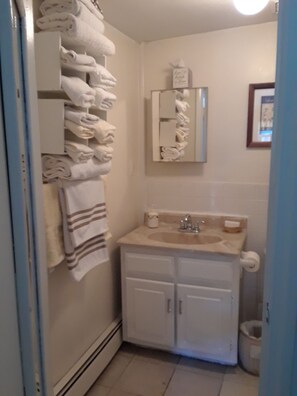 Combined shower/tub, hair dryer, towels, soap