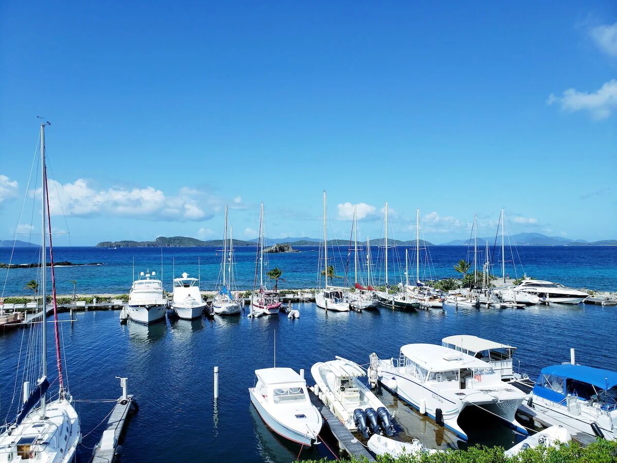 A marina with various boats docked, calm water, and a clear sky.