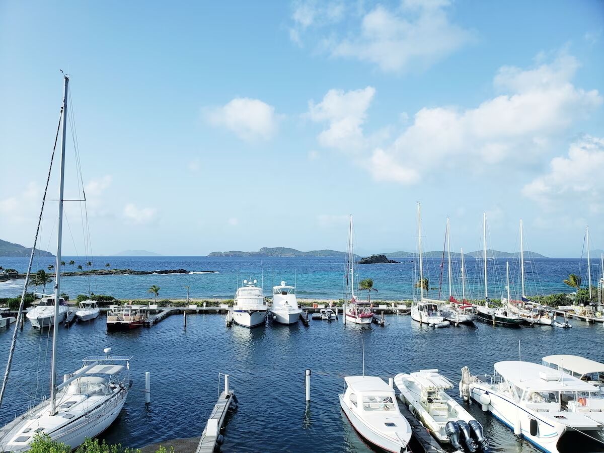 A marina with multiple boats docked at piers, calm water, and a clear sky.