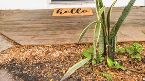 A black door with a mailbox and a small American flag sticker, a doormat with "hello" written on it, and a plant in front of the door. - NEWLY RENOVATED SOPHISTICATED INDUSTRIAL TOWN HOME (St. Petersburg)