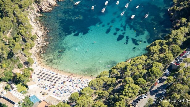 An aerial view of a coastal area with boats anchored in the water, a beach with umbrellas, and a parking area. - Hercaris by Interhome (Begur)