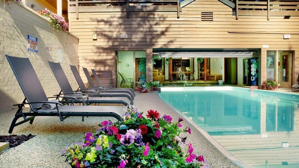 Un espace piscine avec des chaises longues et un parterre de fleurs.