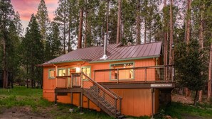 A rustic cabin with a metal roof, a wooden deck, and a staircase leading to the entrance.