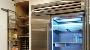 A stainless steel refrigerator with a freezer compartment, a built-in wine cooler, and a water dispenser. - 2800sqft Luxurious home with bay view private pool near SF & NAPA (Vallejo)