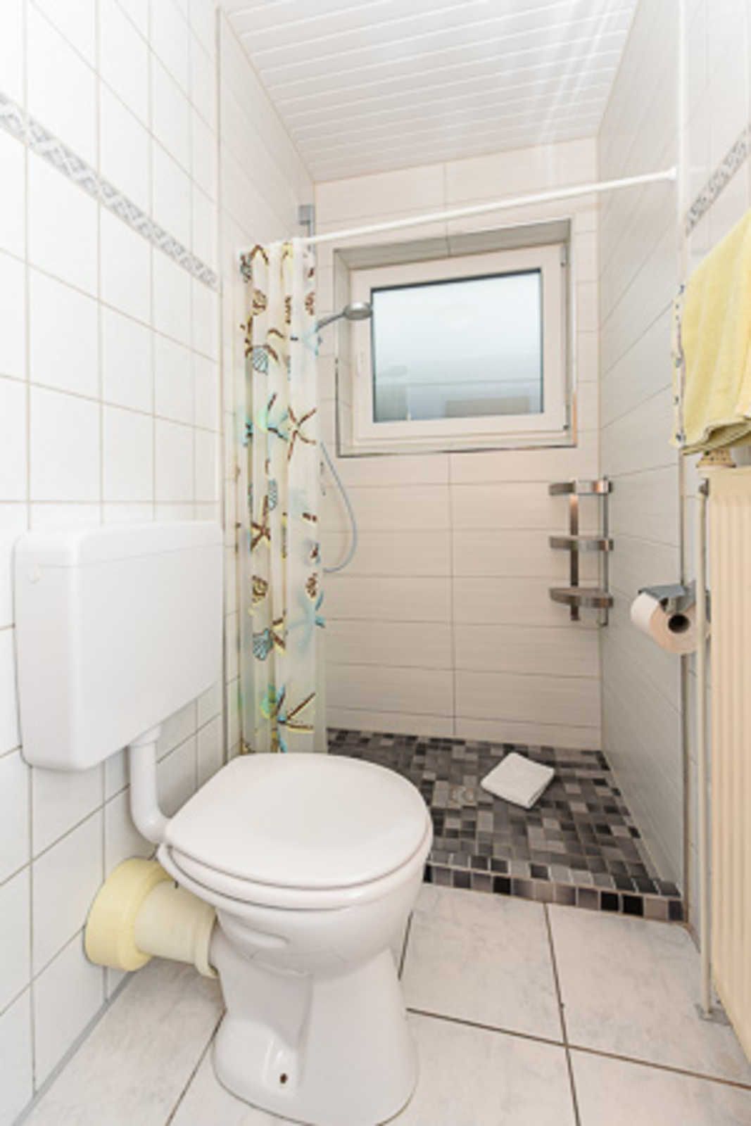 A small bathroom with a toilet, a shower, and a window.