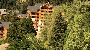 Una cabaña de madera de varios pisos con balcones, rodeada de un bosque denso.