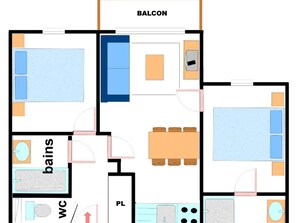 A hotel floor plan with a balcony, two bedrooms, a bathroom, a WC, and a PL. - 6 pers apartment, 2 bedr, parking, ski-in/ski-out, pool (Lanslebourg-Mont-Cenis)