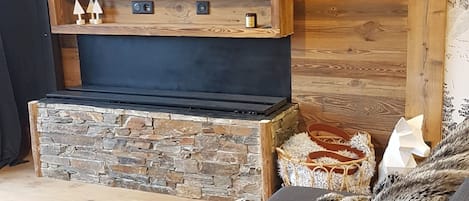 TV connectée, cheminée, livres, chaîne hi-fi