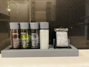 Shower, hair dryer, bathrobes, towels