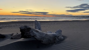 Escena de playa con un tronco grande a primer plano y un mar tranquilo bajo un cielo al atardecer.