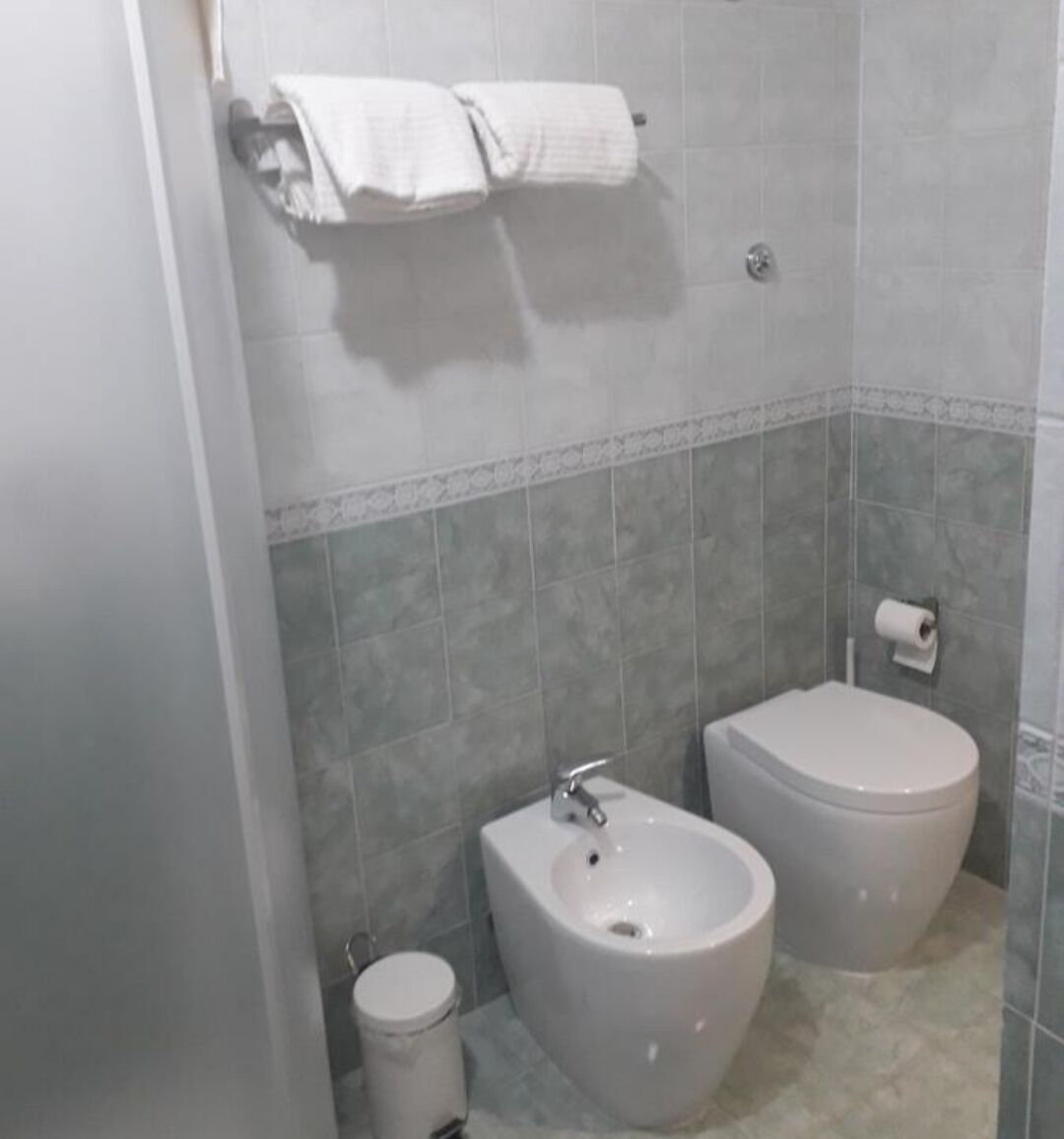 Casa de banho com bidé, sanita e porta-toalhas.