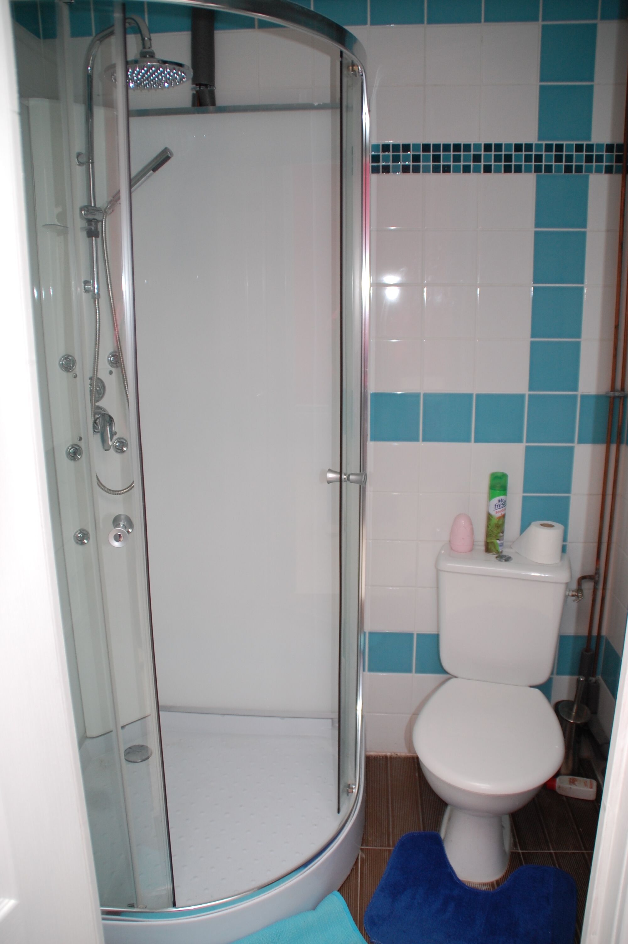 Un baño con ducha de vidrio, inodoro y alfombrilla de baño azul.
