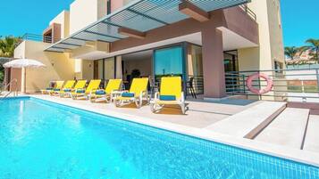 A heated pool, pool loungers