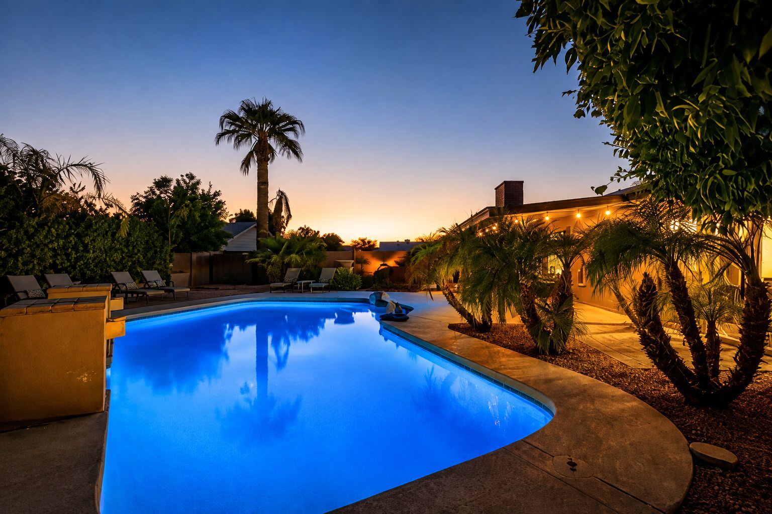 A swimming pool with lounge chairs and palm trees, surrounded by a landscaped garden.