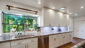 A modern kitchen with white cabinets, a granite countertop, a stainless steel dishwasher, and a window with potted plants.