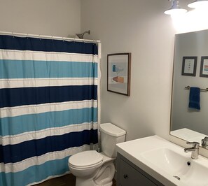 Combined shower/bathtub, hair dryer, towels, soap - Welcome to Bearfeet Retreat on Adney Lake - Crosby Minnesota (Crosby)
