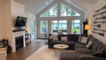 TV connectée, cheminée, lecteur de DVD, livres