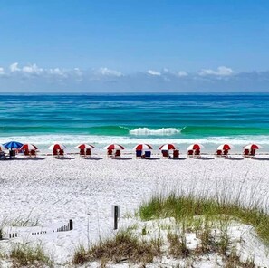 Une plage bordée de rangées de parasols et de chaises longues.