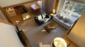 Smart TV, fireplace, books