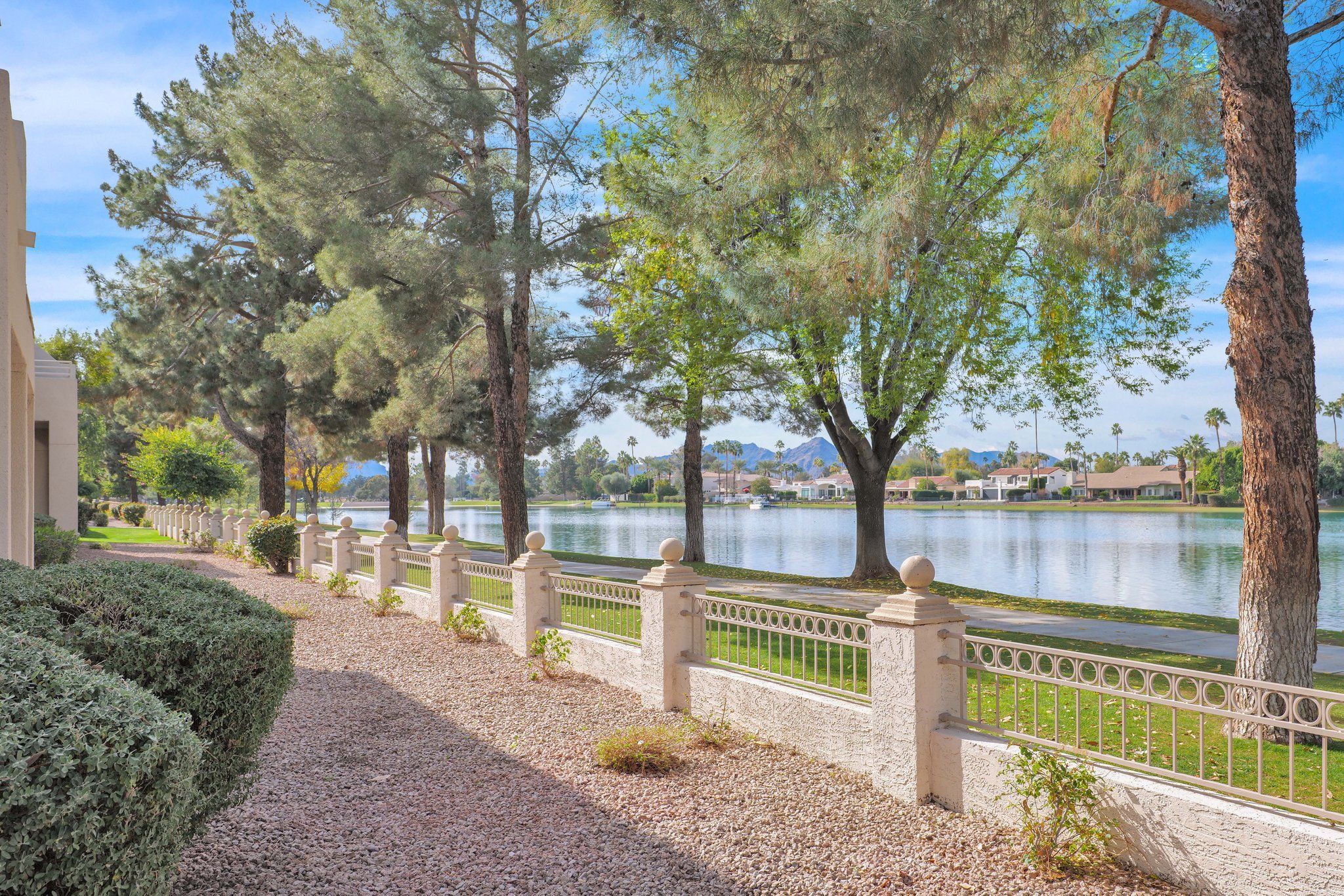 A pathway lined with trees and a lake view.
