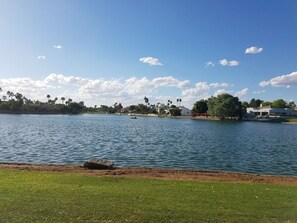 A lake with a boat, grassy areas, and buildings in the background. - Waterfront 1st Floor, Gated, 2 Bd,2Ba + Den, Family Friendly, Pet Friendly. (Scottsdale)