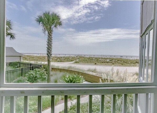 A view from a balcony overlooking a beach with a palm tree, a pathway, and a distant shoreline. - End Unit Oceanfront Condo w/ Views from all Rooms (Isle of Palms)