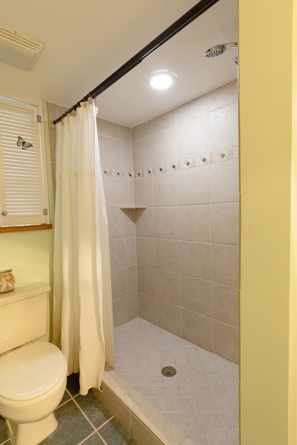 A bathroom with a shower, toilet, and a window with blinds.