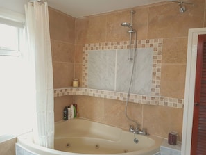 Combined shower/tub, jetted tub, hair dryer, towels